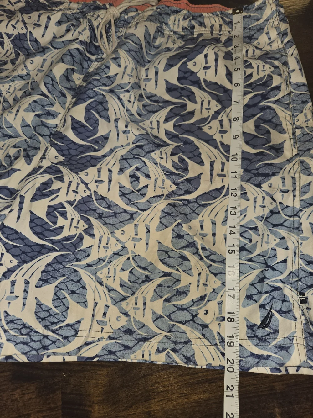 Nautica Coral-Lined Blue & White Fish Print Swim Trunks. Draw String